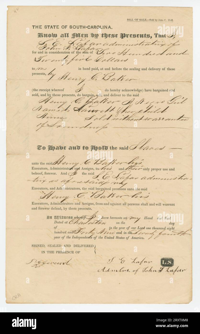 Handwritten two sided document written in black ink on off-white paper. Printed Bill of Sale for slaves with handwritten information filled in. Dated 1845. The document pertains to the sale female slave named Laurett and her child Anne for $525 from the administratrix of the estate of John J. Lafar to Henry Baker. Stock Photo