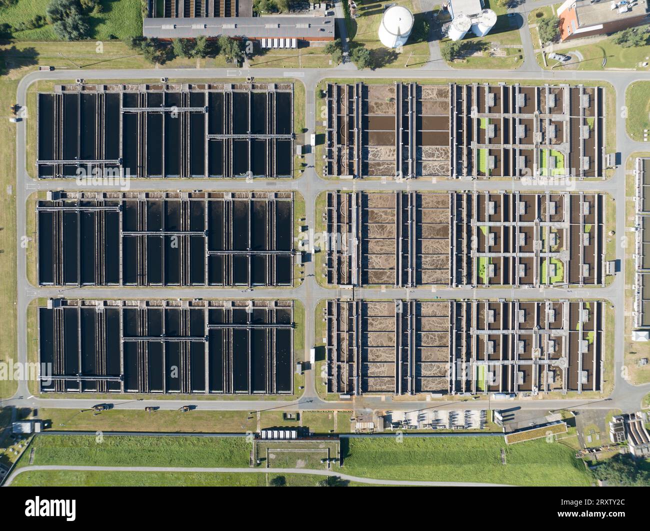 Aerial top down view of a sewage treatment plant. Cleaning of water, purifying, wastewater