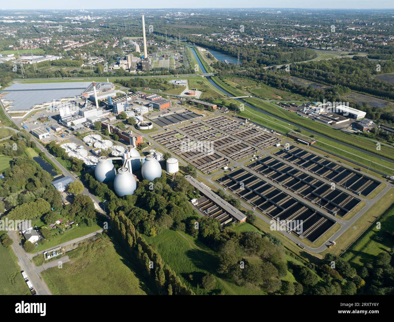 Aerial top down view of a sewage treatment plant. Cleaning of water, purifying, wastewater