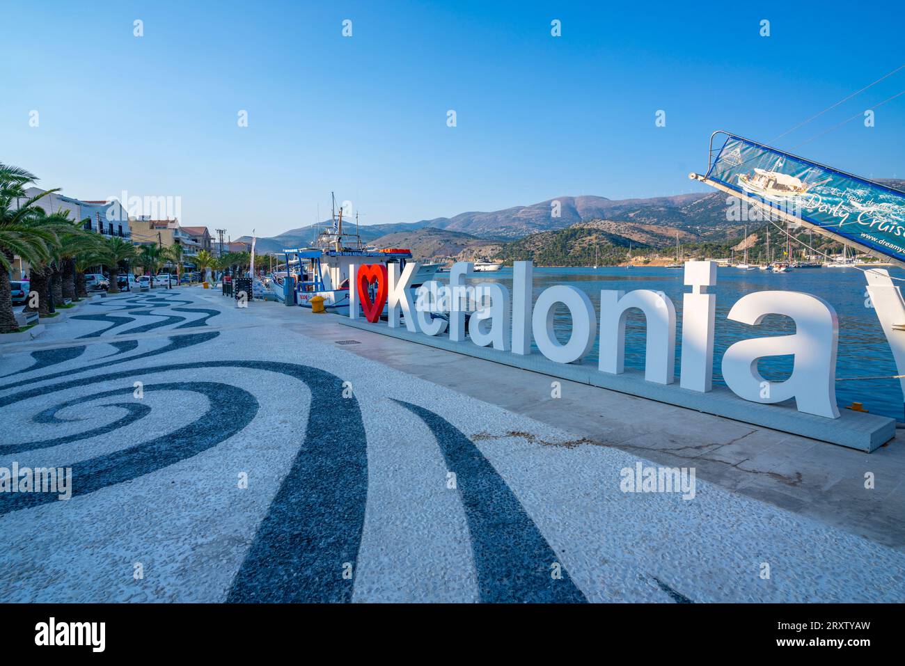 View of I Love Kefalonia sign in Argostoli, capital of Cephalonia, Argostolion, Kefalonia, Ionian Islands, Greek Islands, Greece, Europe Stock Photo