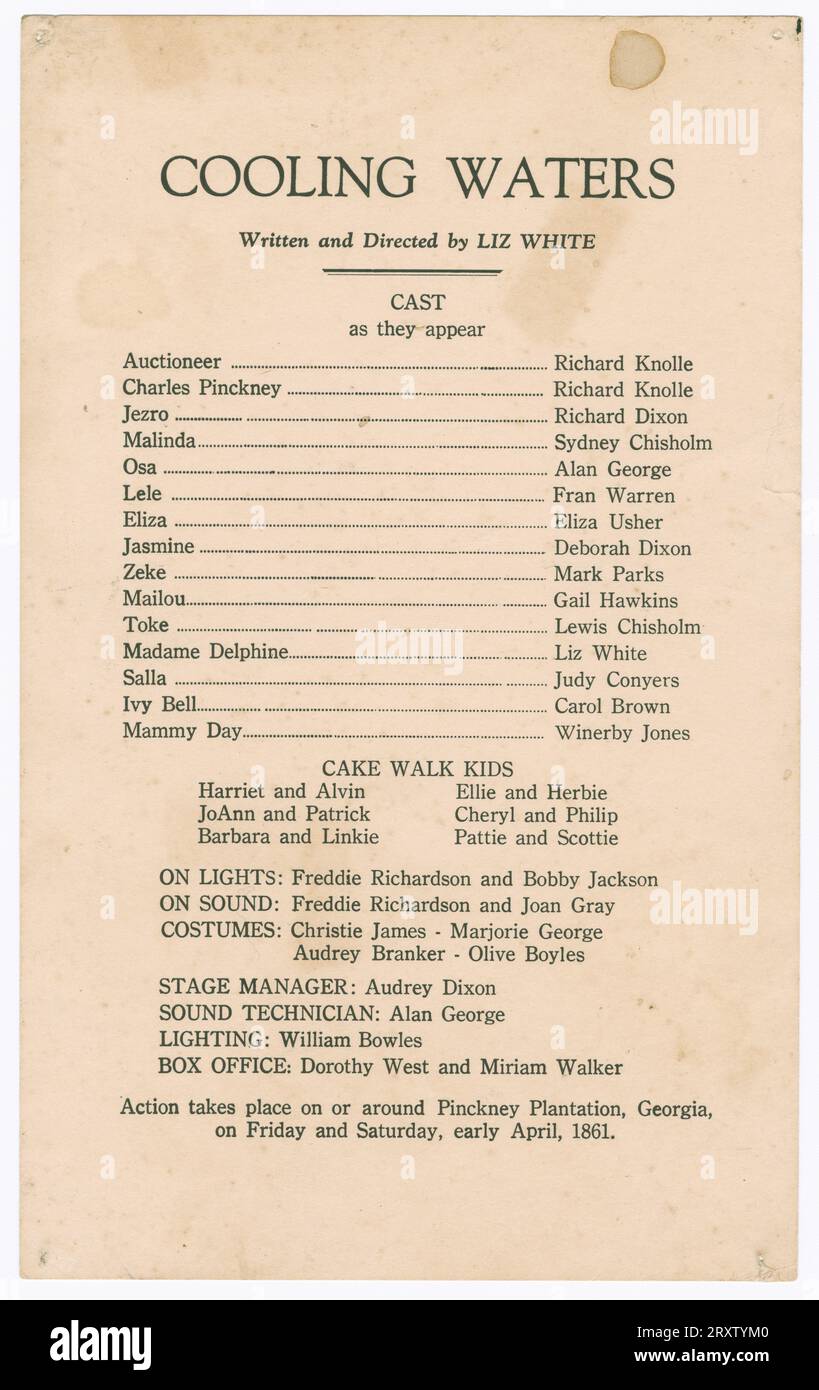 A cast and production list for the play 'Cooling Waters' by Liz White. One-sided, black ink on yellowed paper. Stock Photo