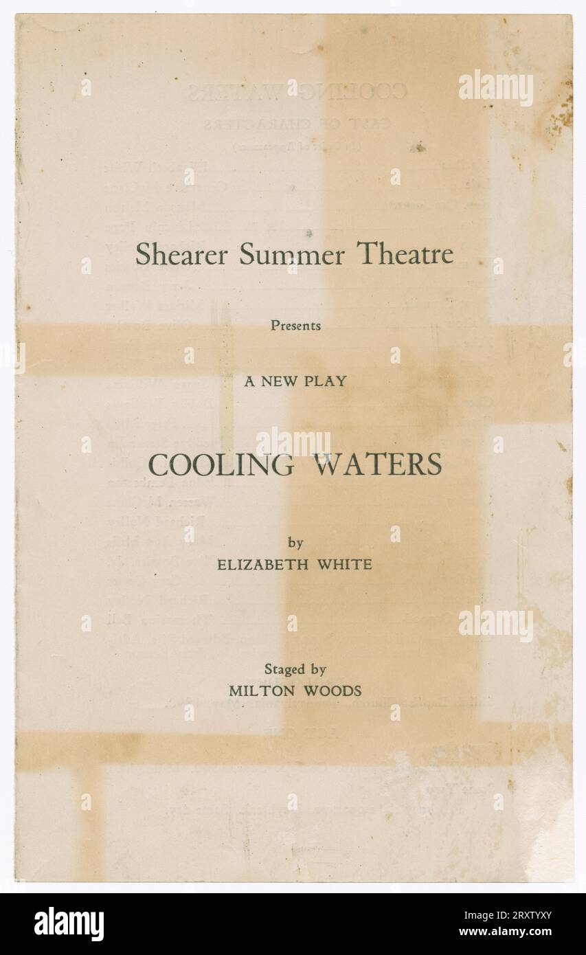 A program for the play 'Cooling Waters' by Liz White as staged by Milton Woods at the Shearer Summer Theatre. Stock Photo