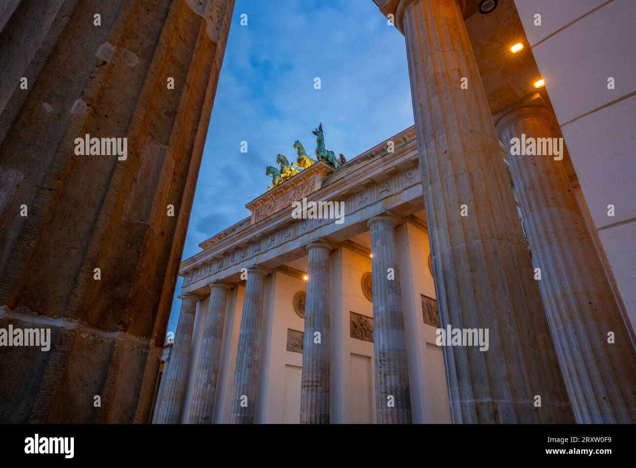 View of Brandenburg Gate at dusk, Pariser Square, Unter den Linden, Berlin, Germany, Europe Stock Photo