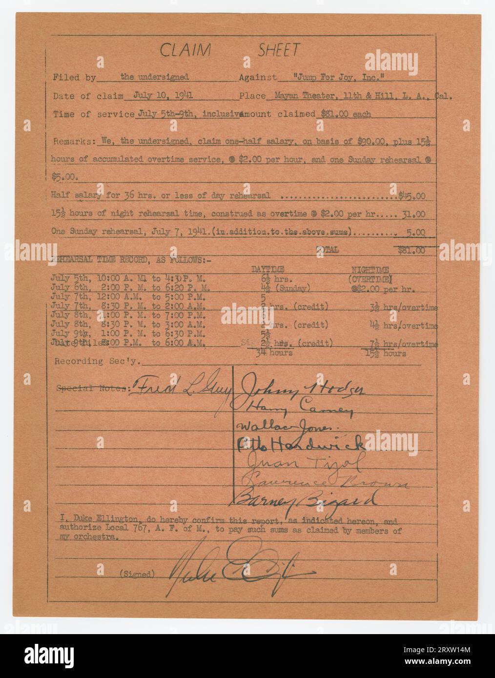 Claim sheet for unpaid salary for orchestra musicians 1941 Stock Photo