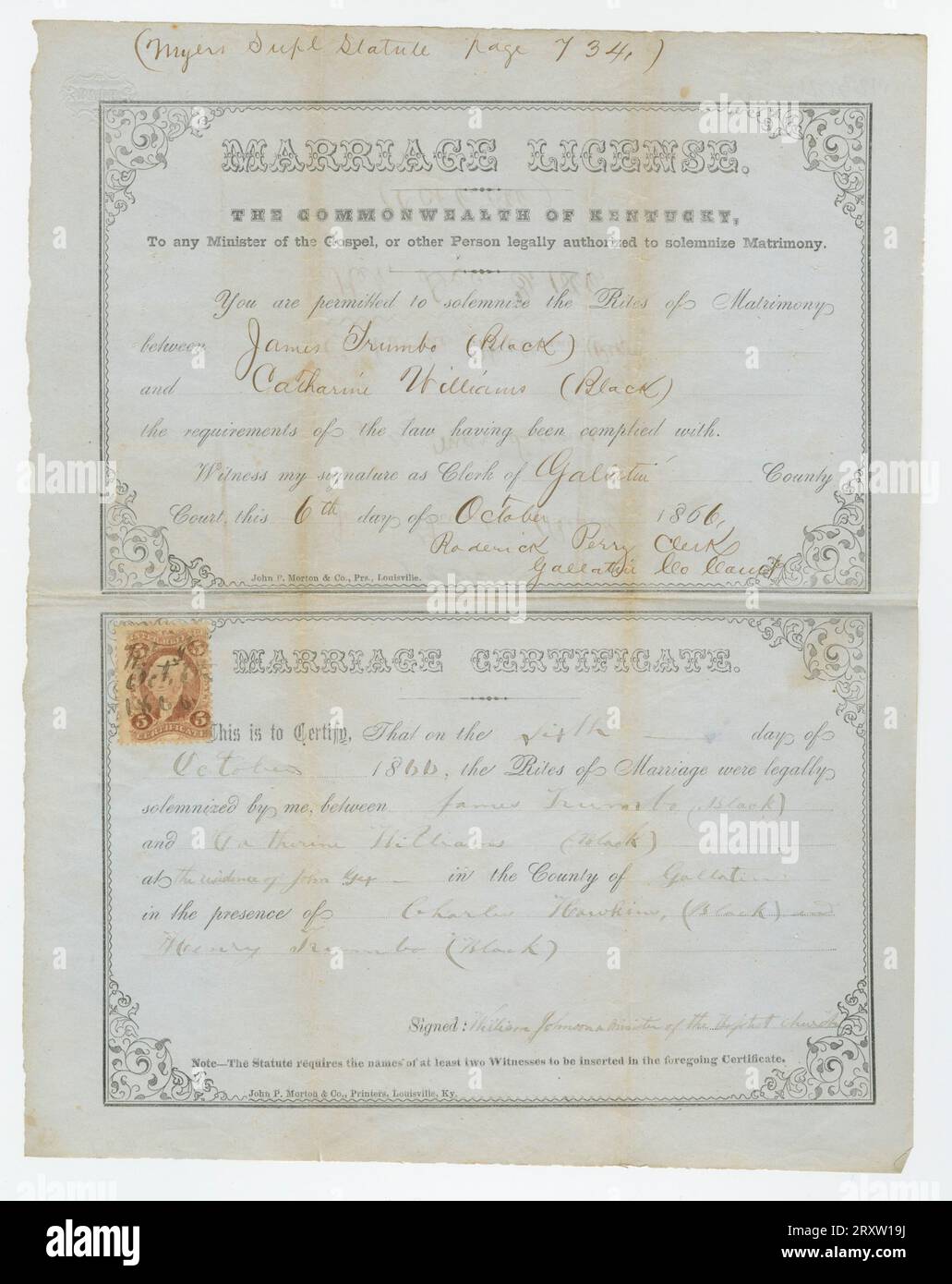 Partially printed marriage license and certificate for James Trumbo and Catherine Williams, accomplished by hand, with a five cent United States revenue stamp attached. It is signed at the bottom by William Johnson, 'minister of the Baptist Church'. Trumbo and Williams were married on October 6, 1866 in the Commonwealth of Kentucky. Stock Photo