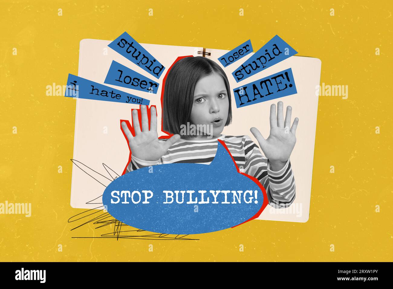 Artwork collage of black white effect girl arms demonstrate stop bullying gesture stupid loser i hate you words isolated on yellow background Stock Photo