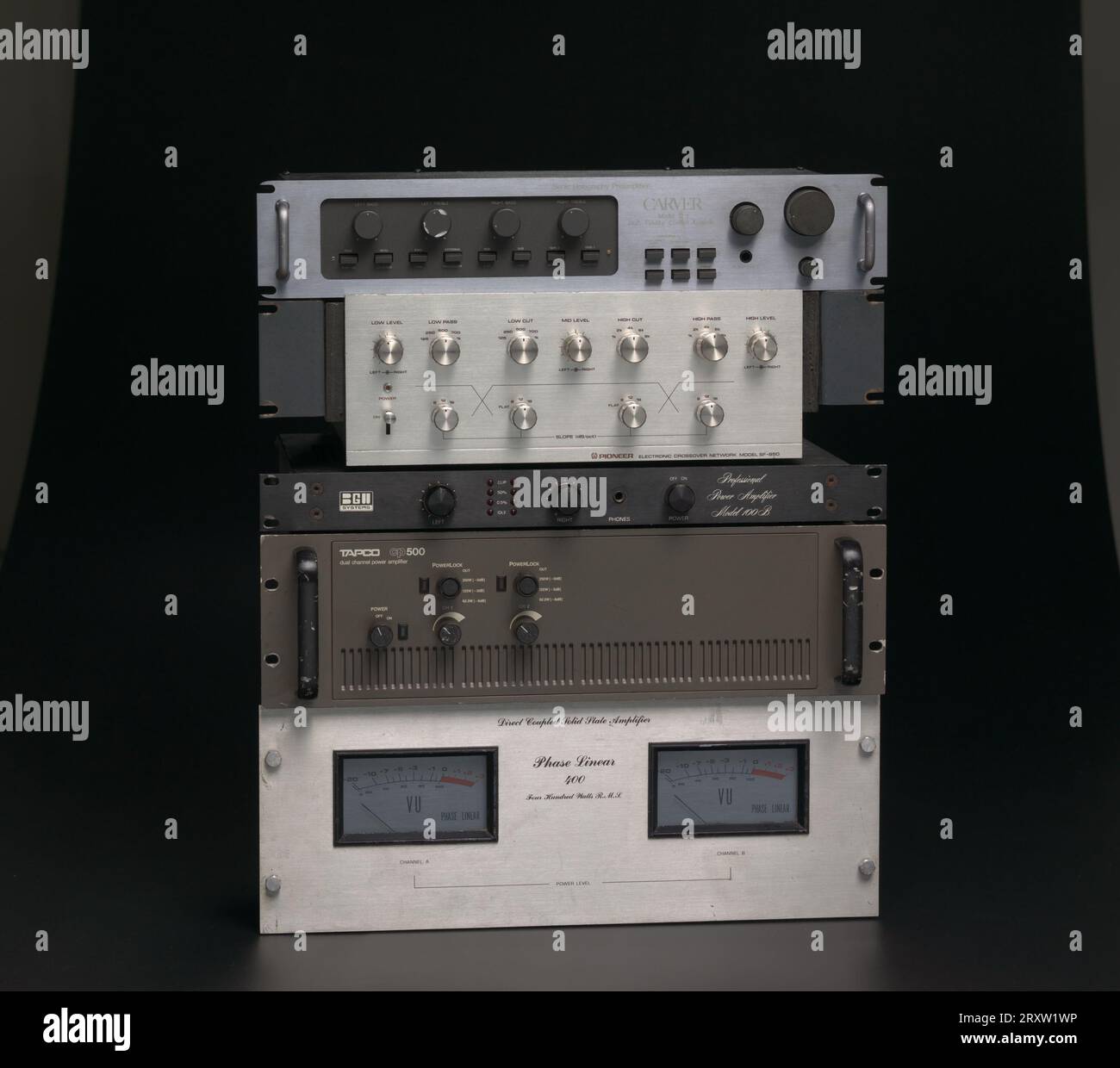 A metal Pioneer Electronic Crossover, Model SF-850 machine. The front of the machine is metal, silver with black type, with two rows of knobs. The top row has seven knobs. Each knob has a name as well as other markings to indicate levels. The names read from left to right: [Low Level / Low Pass / Low Cut / Mid Level / High Cut / High Pass / High Level]. Below the far left, top row knob, there is a power outlet. The bottom row has a switch, as well as four additional knobs. Above and below the bottom row knobs there are lines that form a grid. Black type, centered underneath the knobs, reads: [ Stock Photo