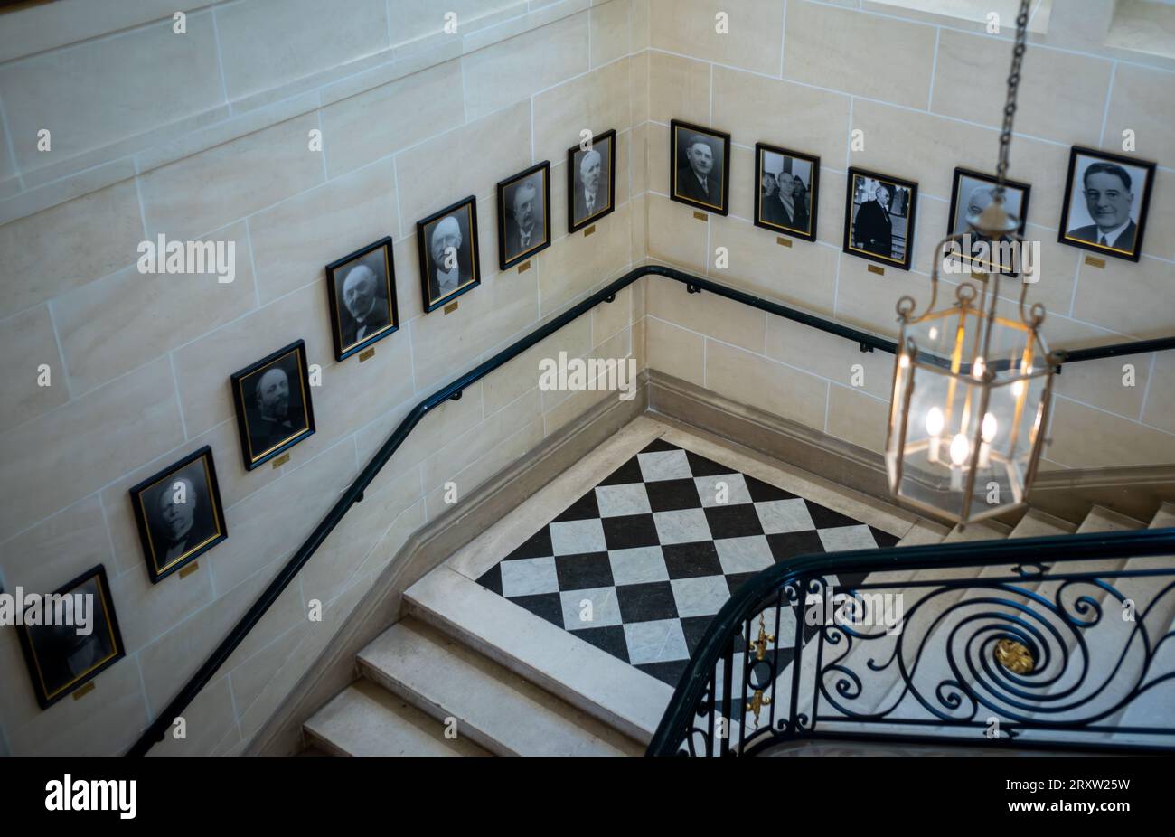 Photographs of prevous mayors line the main staircase inside the Mairie de Montrouge, or Montrouge Town Hall,  in Montrouge,  a suburb just south of P Stock Photo