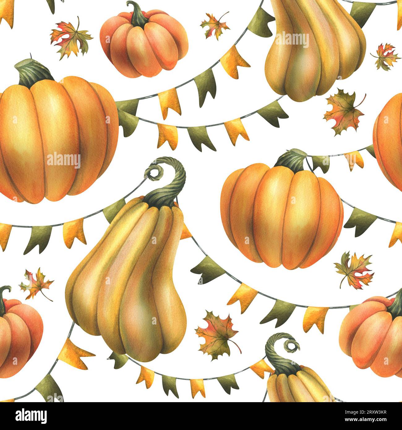 Orange autumn pumpkins with maple leaves and garland flags. Watercolor ...