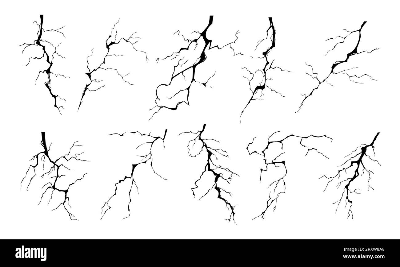 Lightning strike bolt silhouettes vector illustration set. Black thunderbolts and zippers are natural phenomena isolated on a white background. Thunde Stock Vector