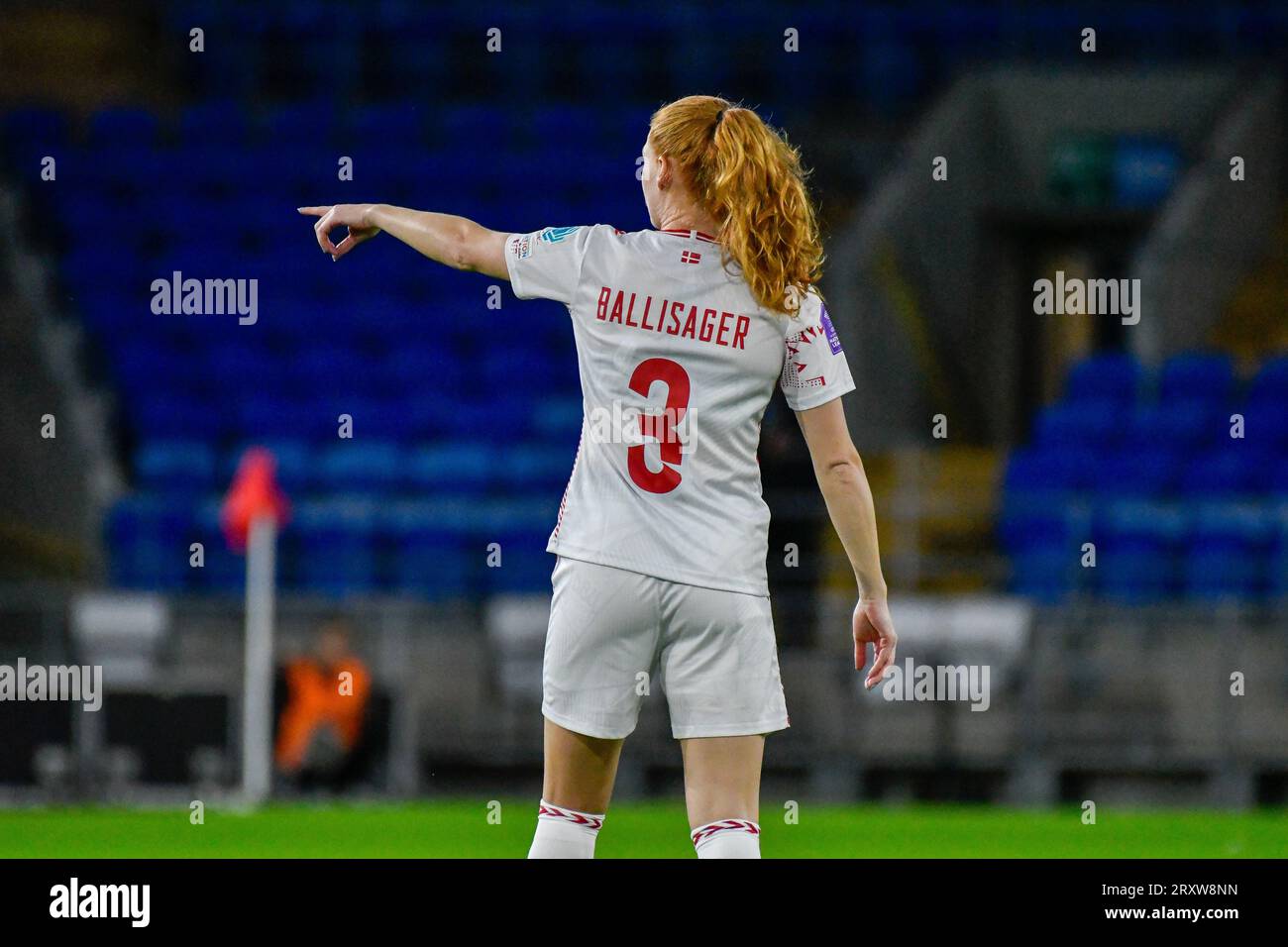 Cardiff, Wales. 26 September 2023. Stine Ballisager of Denmark shouts instructions to her team-mates during the UEFA Women's Nations League match between Wales and Denmark at the Cardiff City Stadium in Cardiff, Wales, UK on 26 September 2023. Credit: Duncan Thomas/Majestic Media. Stock Photo