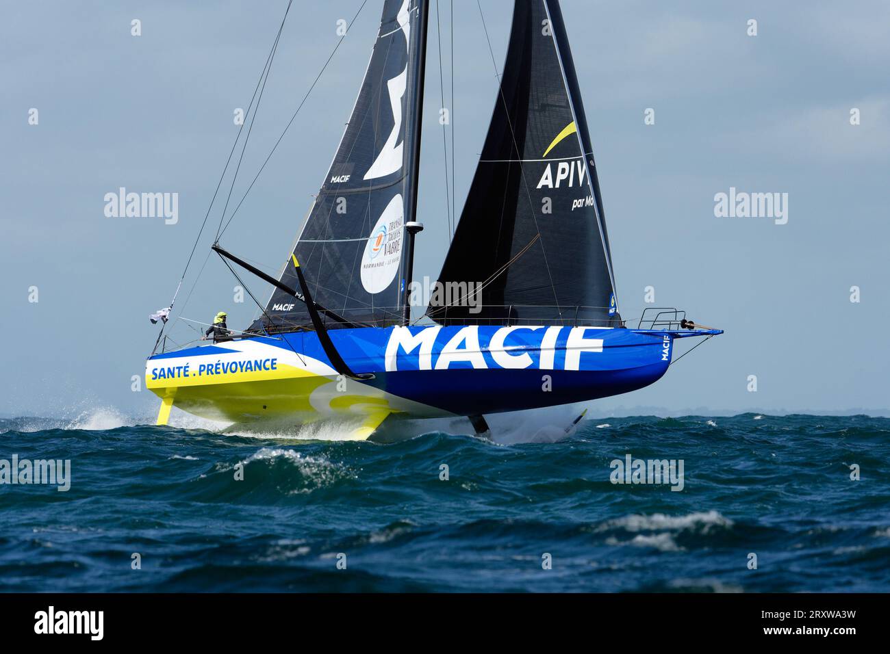 French skipper Charlie Dalin and Pascal Bidégorry sail their Imoca Macif -  Santé Prévoyance during a run as a part of Le defi Azimut race, off  Lorient, Western France, on September 24,