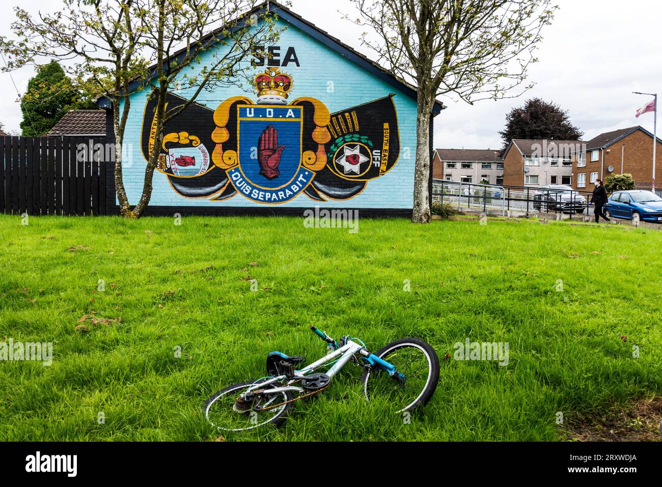 Loyalist mural for UDA - Ulster Defence Association, Ballyclare, County Antrim, Northern Ireland. Stock Photo