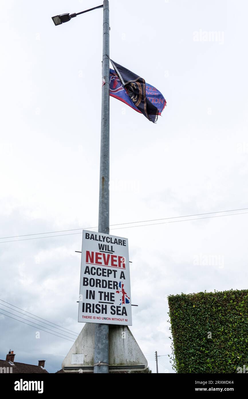 Signage against Brexit Irish Sea border for EU trade, Ballyclare, County Antrim, Northern Ireland. Stock Photo