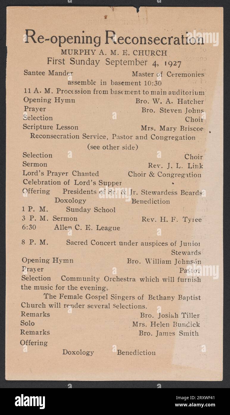 Program for a Reconsecration service at Murphy AME Church September 4, 1927 Stock Photo