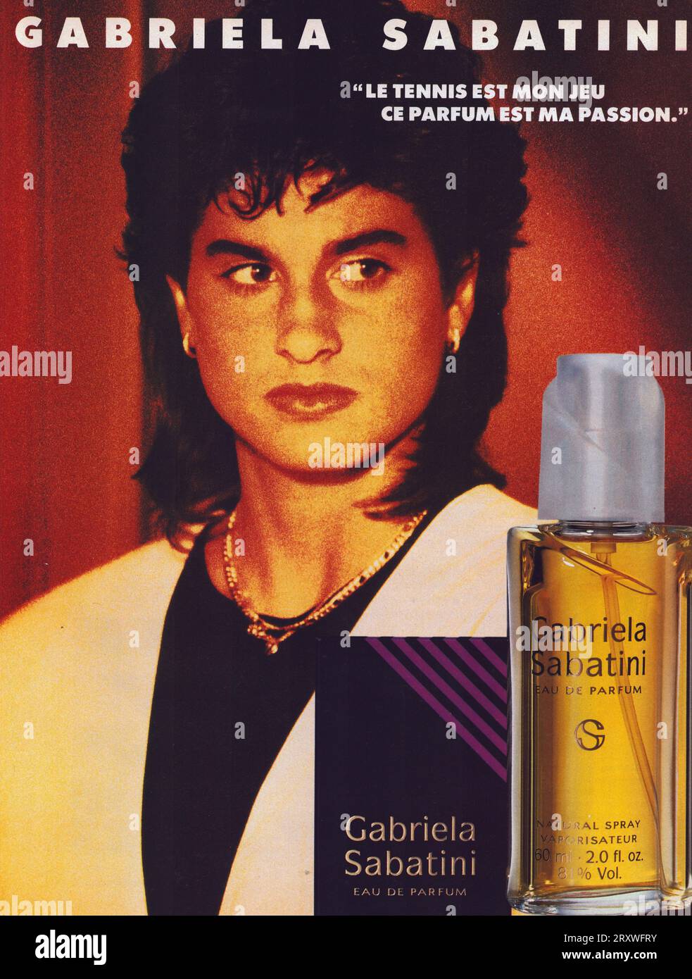 Gabriela Sabatini perfume vintage magazine commercial Gabriela Sabatini perfume bottle Gabriela Sabatini retro advertisement Stock Photo