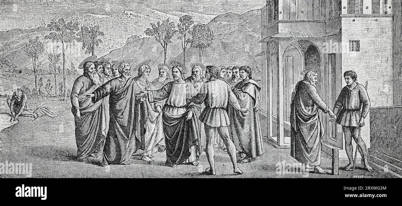 The Tribute Money after a fresco by Tommaso Masaccio in the Basilica of Santa Maria. del Carmine, Florence. Engraving from Lives of the Saints by Sabin Baring-Gould. Stock Photo