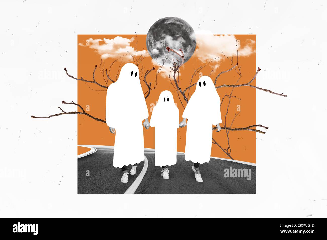 Composite creative photo collage of happy friendly family in ghost costumes walking on road hold arms isolated on drawing background Stock Photo