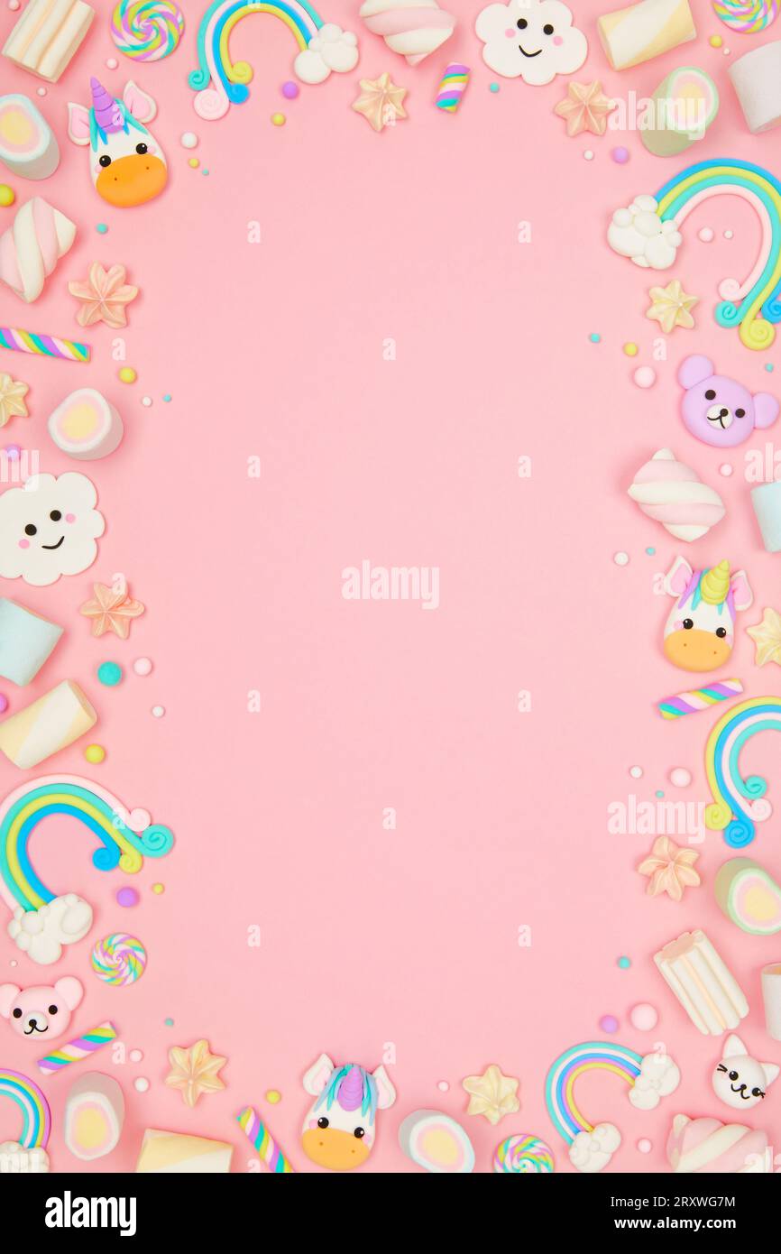 Pink kawaii background with frame made of cute air plasticine cartoon ...