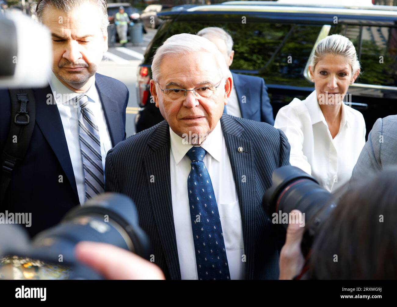 Democratic New Jersey Sen. Robert Menendez walks into Manhattan Federal Court on Wednesday, September 27, 2023 in New York City. Menendez and his wife Nadine are charged along with three businessmen in a plot to accept hundreds of thousands of dollars in bribes including cash, gold bars, a Mercedes convertible and mortgage payments. Photo by John Angelillo/UPI Stock Photo