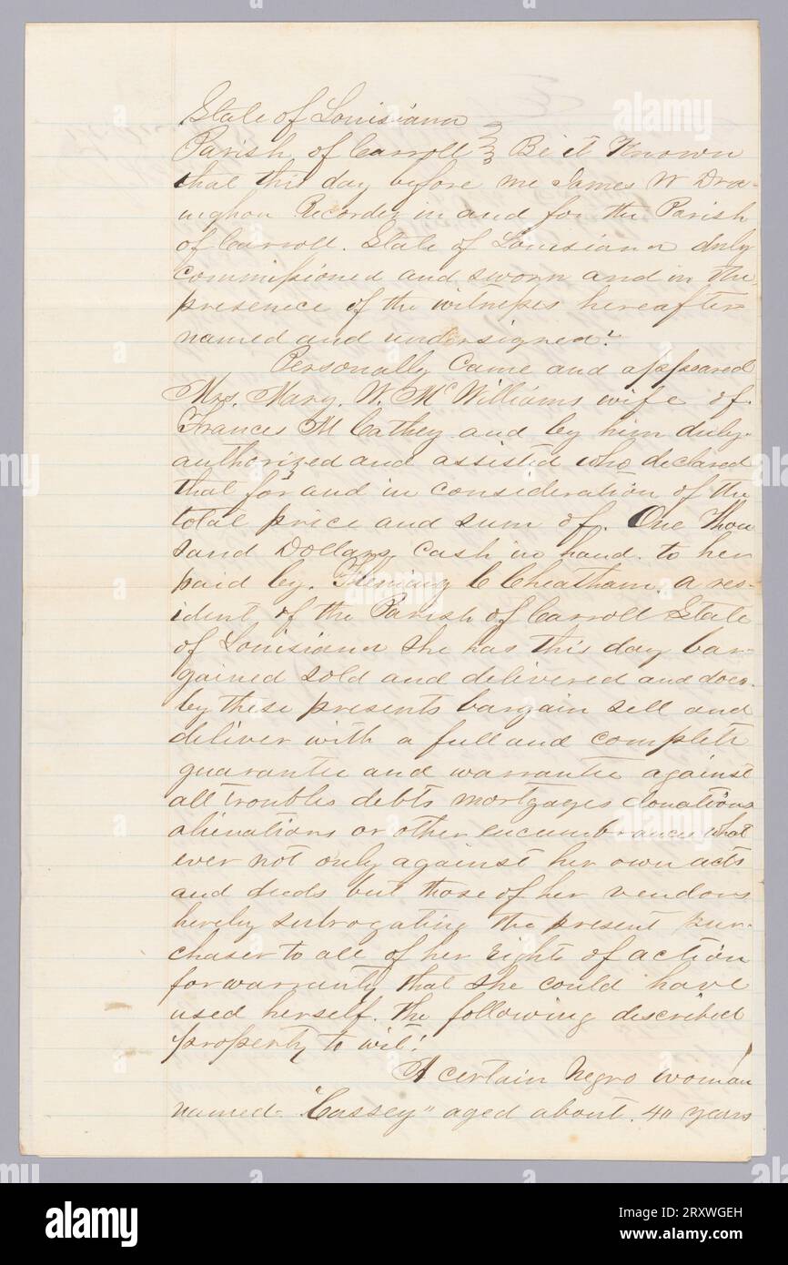 This deed of sale records the sale of an enslaved woman named Cassey (born 1819) by Mary McCarthey to Fleming C. Cheatham, both of Carroll Parish, Louisiana, on March 3, 1859. Cassey was 40 years old and was sold for $1,000.00. The deed was recorded by James W. Draughon, also of Carroll Parish. The paper is folded along the top edge of the first page, with text being on the front and reverse of one page and the second page having one blank side and the reverse of this second page containing the names of the involved parties and the date of the sale. Embossed into the final page of the deed is Stock Photo