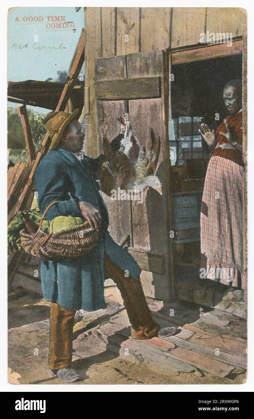 Tinted postcard of a black and white photograph of a man holding up a goose for a woman.The man stands on the left side and in his right arm is a basket full of produce. He holds the goose in his left hand. He stands with his left foot on a stair step. The woman stands on the right side holding up her hands. She stands in the doorway of a wood structure. In the upper left corner is red text with handwritten text below 'A GOOD TIME / COMING / McComb.' The back of the postcard is divided into two halves with green printing throughout. On the left side is a line of vertical text in green text '56 Stock Photo