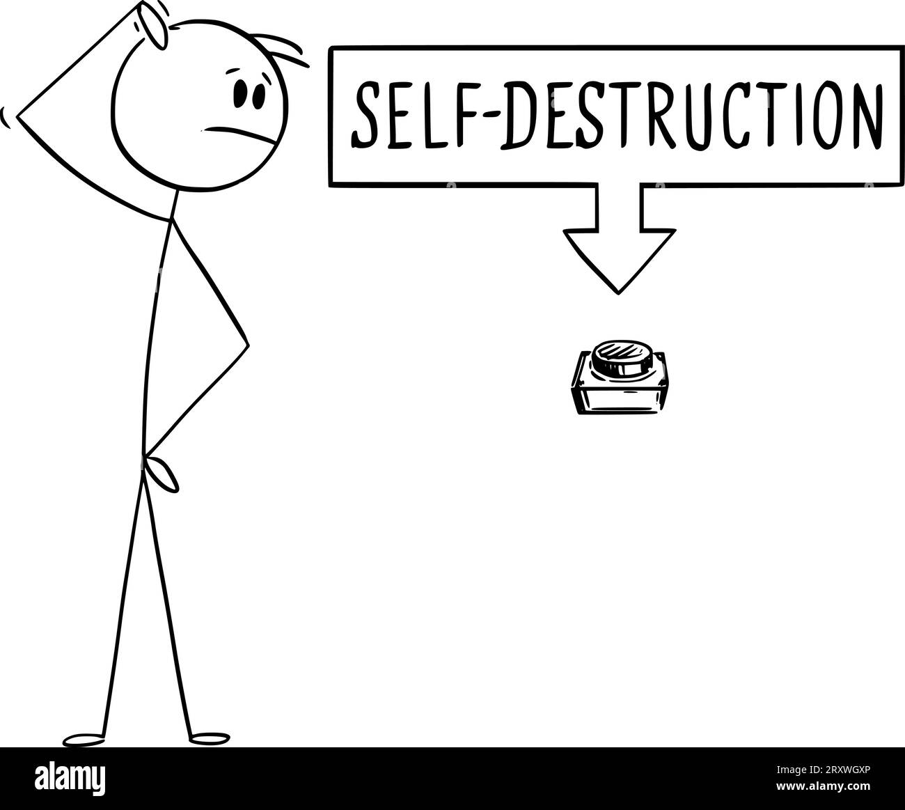 Person and Self-destruction Switch or button, Vector Cartoon Stick Figure Illustration Stock Vector