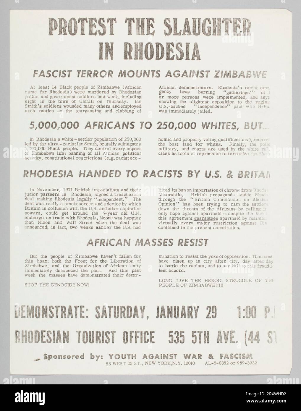 Flyer advertising a protest against slaughter in Rhodesia January 29, 1972 Stock Photo