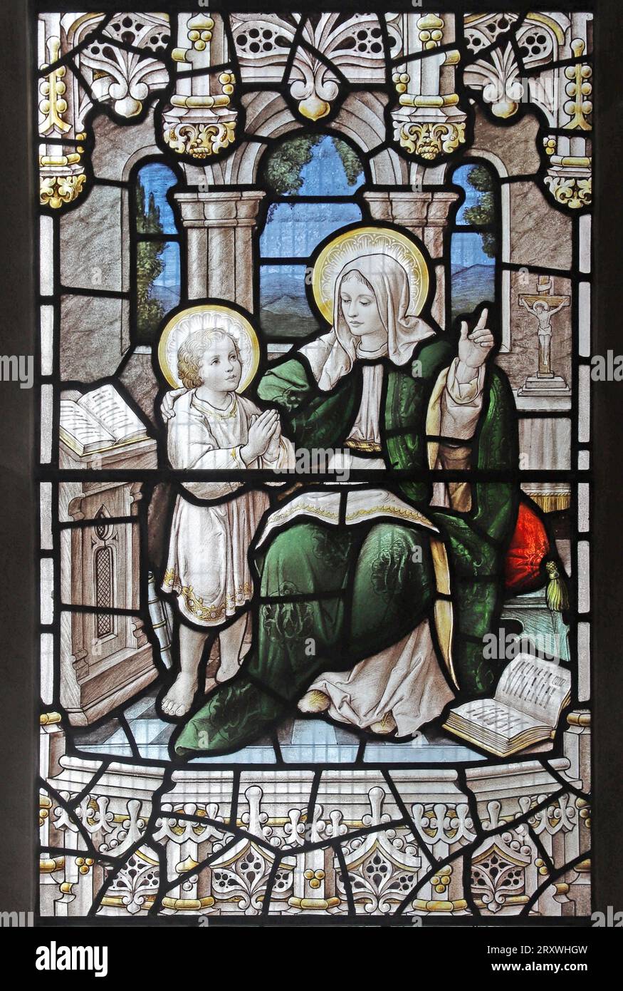 Stained glass window by Percy Bacon depicting St Silvia teaching her son St Gregory the Great, Holy Trinity Church, Leamington Spa, Warwickshire Stock Photo