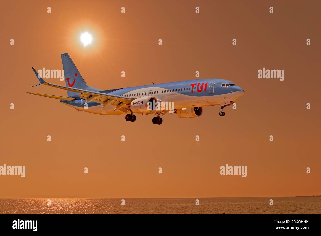 Tui Boeing 737 MAX 8 on final approach for landing. Stock Photo