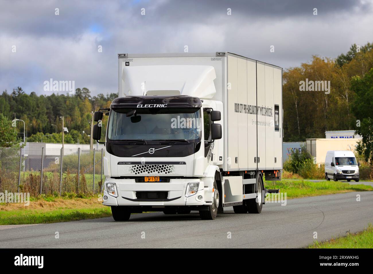 Volvo Trucks Finland presents Volvo FE Electric 4x2 delivery truck on their 'Together Towards Zero' test drive tour. Forssa, Finland. Sept 21, 2023. Stock Photo