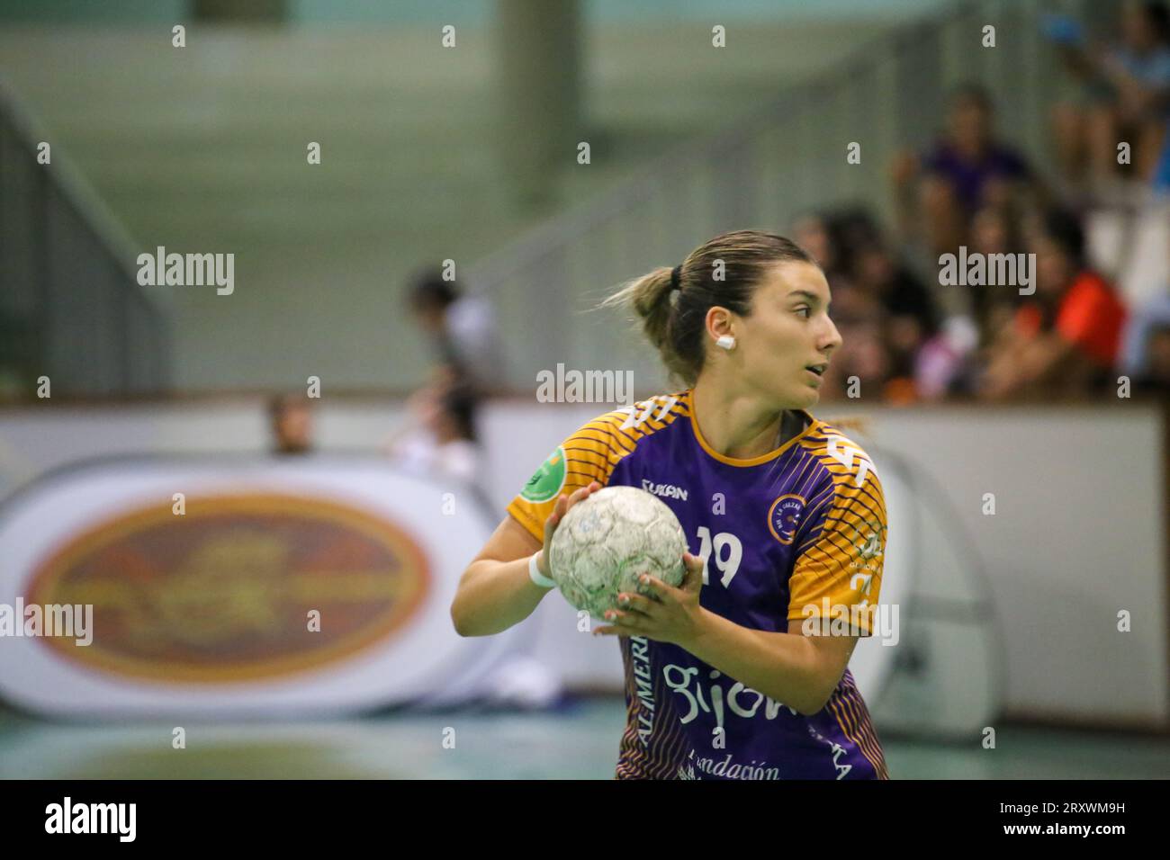 Gijon, Spain, 26th September, 2023: The player of Motive.co Gijon Balonmano La Calzada, Marta da Silva (19) with the ball during the 8th Matchday of the Liga Guerreras Iberdrola 2023-24 between Motive.co Gijon Balonmano La Calzada and the Super Amara Bera Bera, on September 26, 2023, at the La Arena Sports Pavilion, in Gijón, Spain. (Photo by Alberto Brevers / Pacific Press) Stock Photo