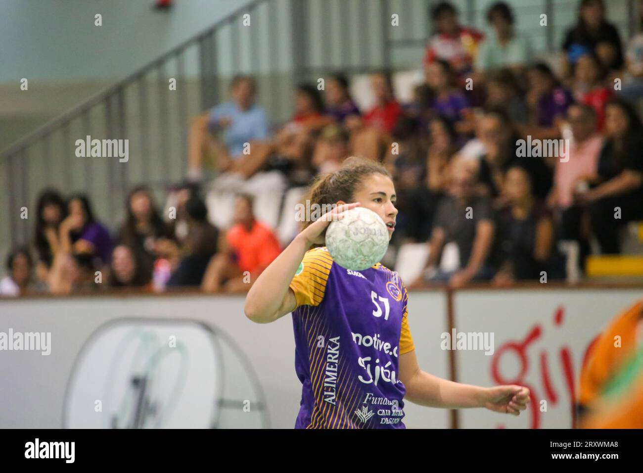 Gijon, Spain, 26th September, 2023: The player of Motive.co Gijon Balonmano La Calzada, Rocio Rojas (57) with the ball during the 8th Matchday of the Liga Guerreras Iberdrola 2023-24 between Motive.co Gijon Balonmano La Calzada and the Super Amara Bera Bera, on September 26, 2023, at the La Arena Sports Pavilion, in Gijón, Spain. (Photo by Alberto Brevers / Pacific Press) Stock Photo