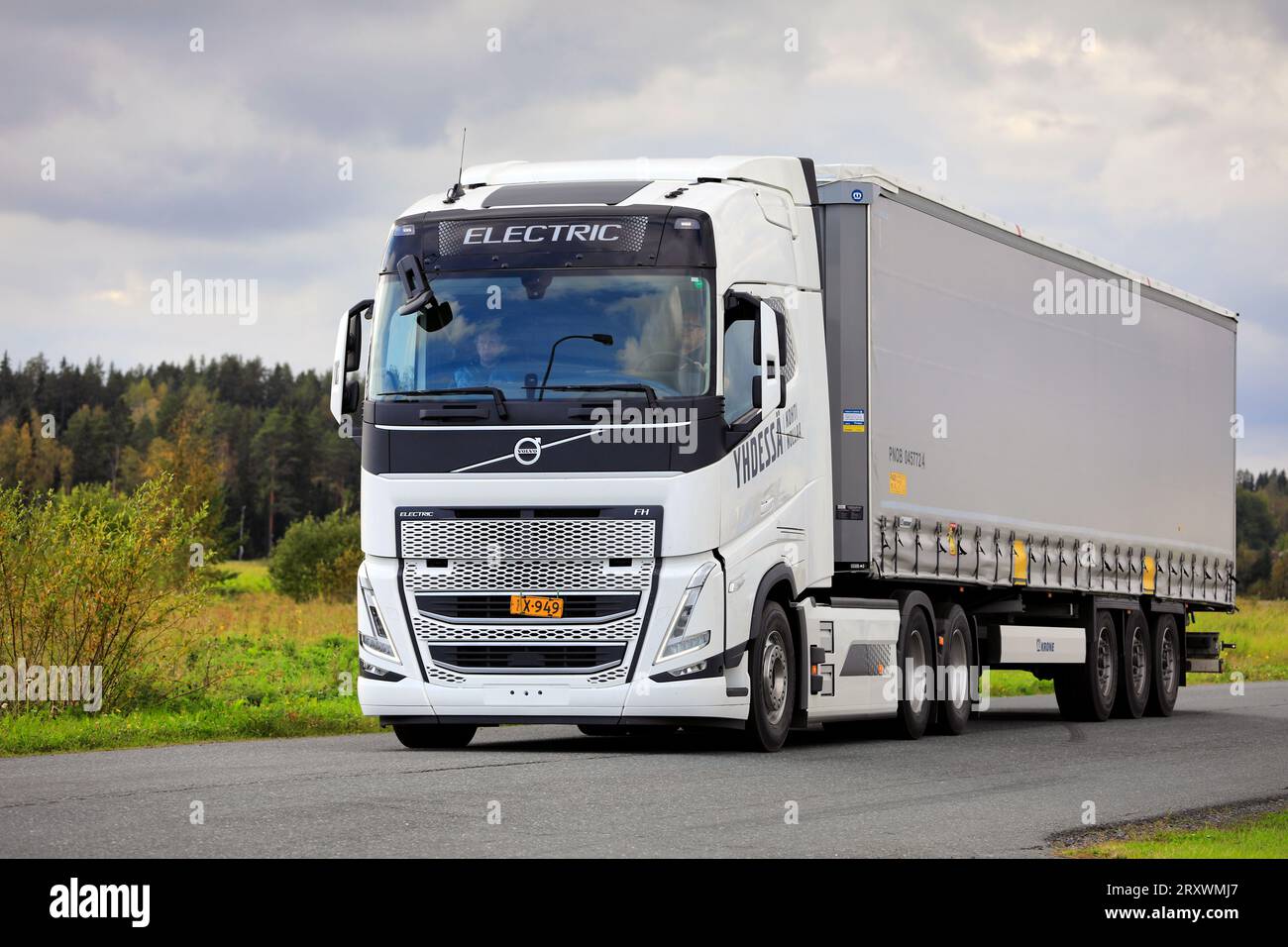 Volvo Trucks Finland presents Volvo FH Electric semi truck on their 'Together Towards Zero' test drive tour. Forssa, Finland. September 21, 2023. Stock Photo