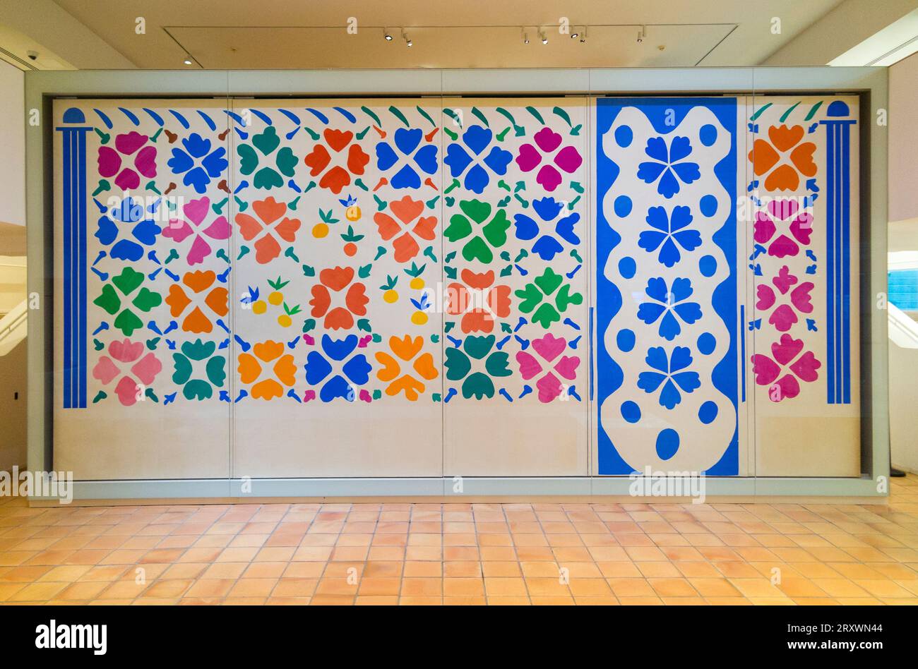 Interior reception vestibule of the modern wing of the Musee Matisse gallery building in Nice, France. The large picture is Fleurs et Fruits. (135) Stock Photo