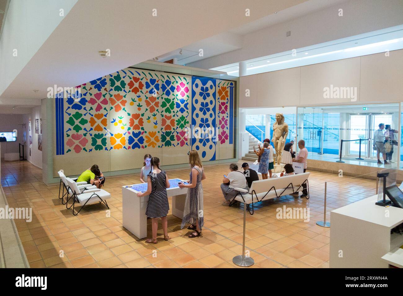Interior reception vestibule of the modern wing of the Musee Matisse gallery building in Nice, France. The large picture is Fleurs et Fruits. (135) Stock Photo
