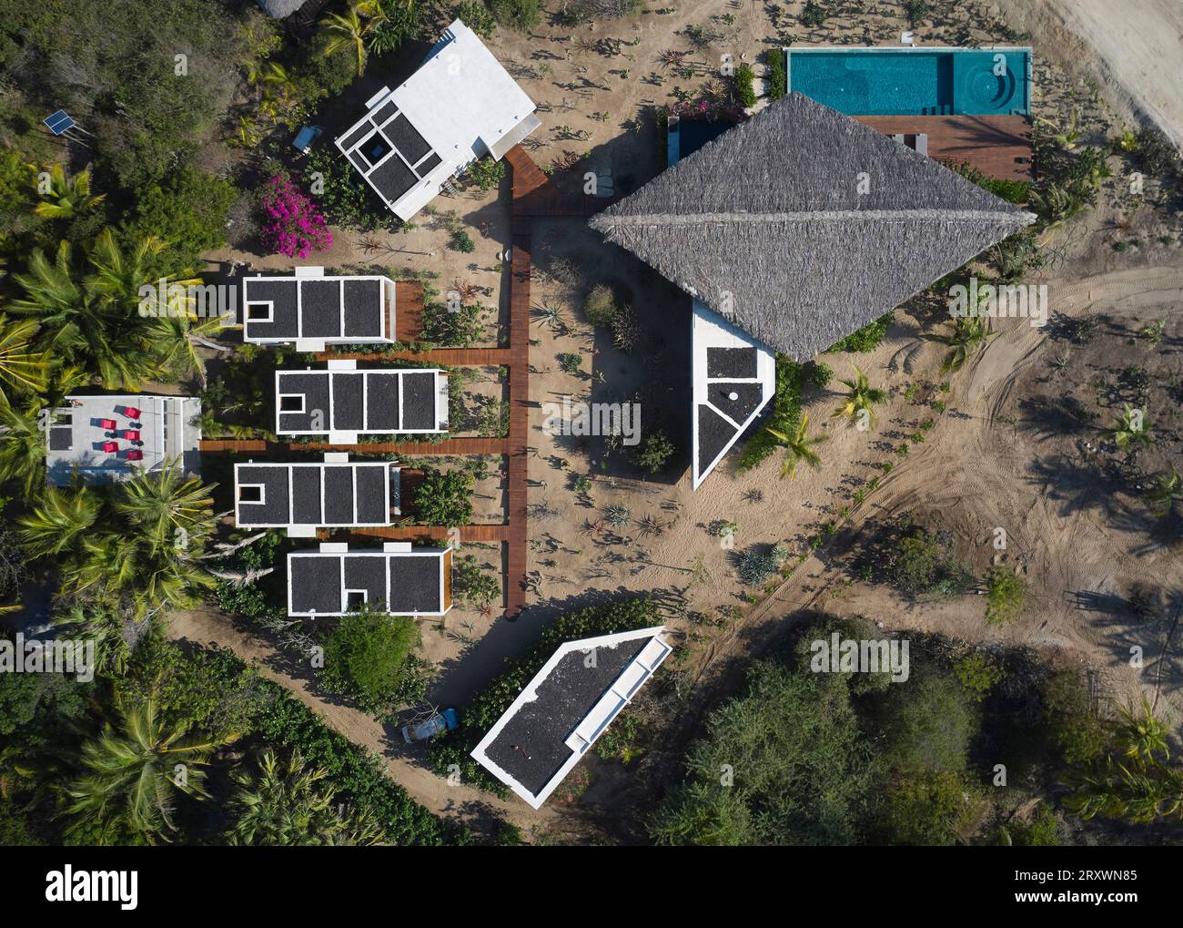 Bird's eye view of holiday home with module units. Casa Leria, Puerto Escindido, Mexico. Architect: TAC Taller Alberto Calleja , 2023. Stock Photo