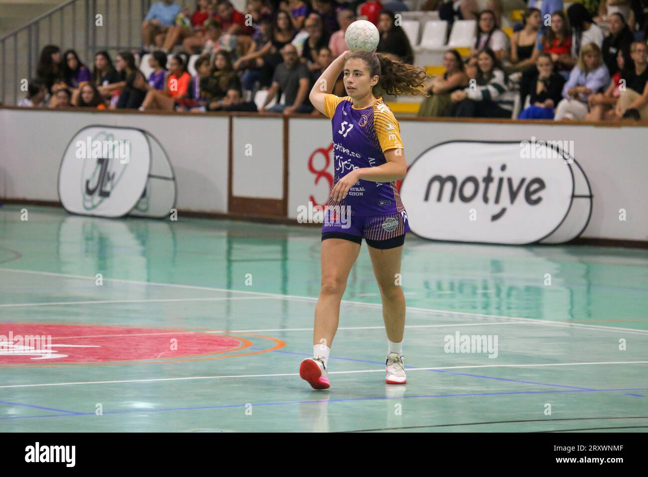 September 26, 2023, Gijon, Asturias, Spain: Gijon, Spain, 26th September, 2023: The player of Motive.co Gijon Balonmano La Calzada, Rocio Rojas (57) with the ball during the 8th Matchday of the Liga Guerreras Iberdrola 2023-24 between Motive.co Gijon Balonmano La Calzada and the Super Amara Bera Bera, on September 26, 2023, at the La Arena Sports Pavilion, in GijÃ³n, Spain. (Credit Image: © Alberto Brevers/Pacific Press via ZUMA Press Wire) EDITORIAL USAGE ONLY! Not for Commercial USAGE! Stock Photo