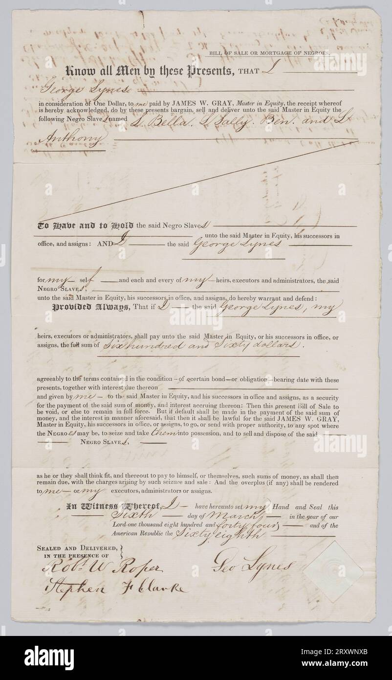 Bill of sale for four enslaved persons in Charleston, South Carolina 1844 Stock Photo