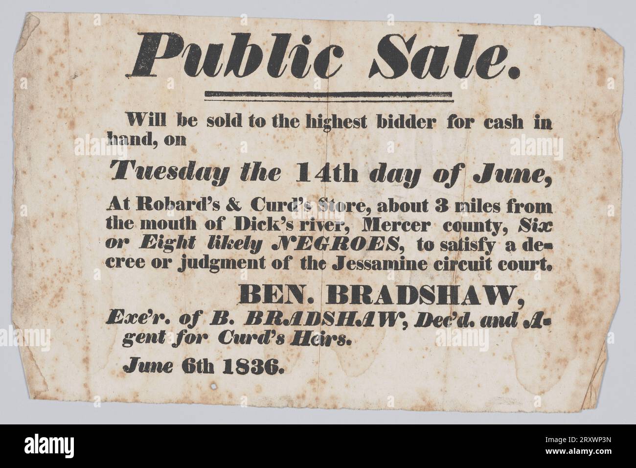 Broadside announcing the sale of enslaved persons in Mercer County, Kentucky 1836 Stock Photo