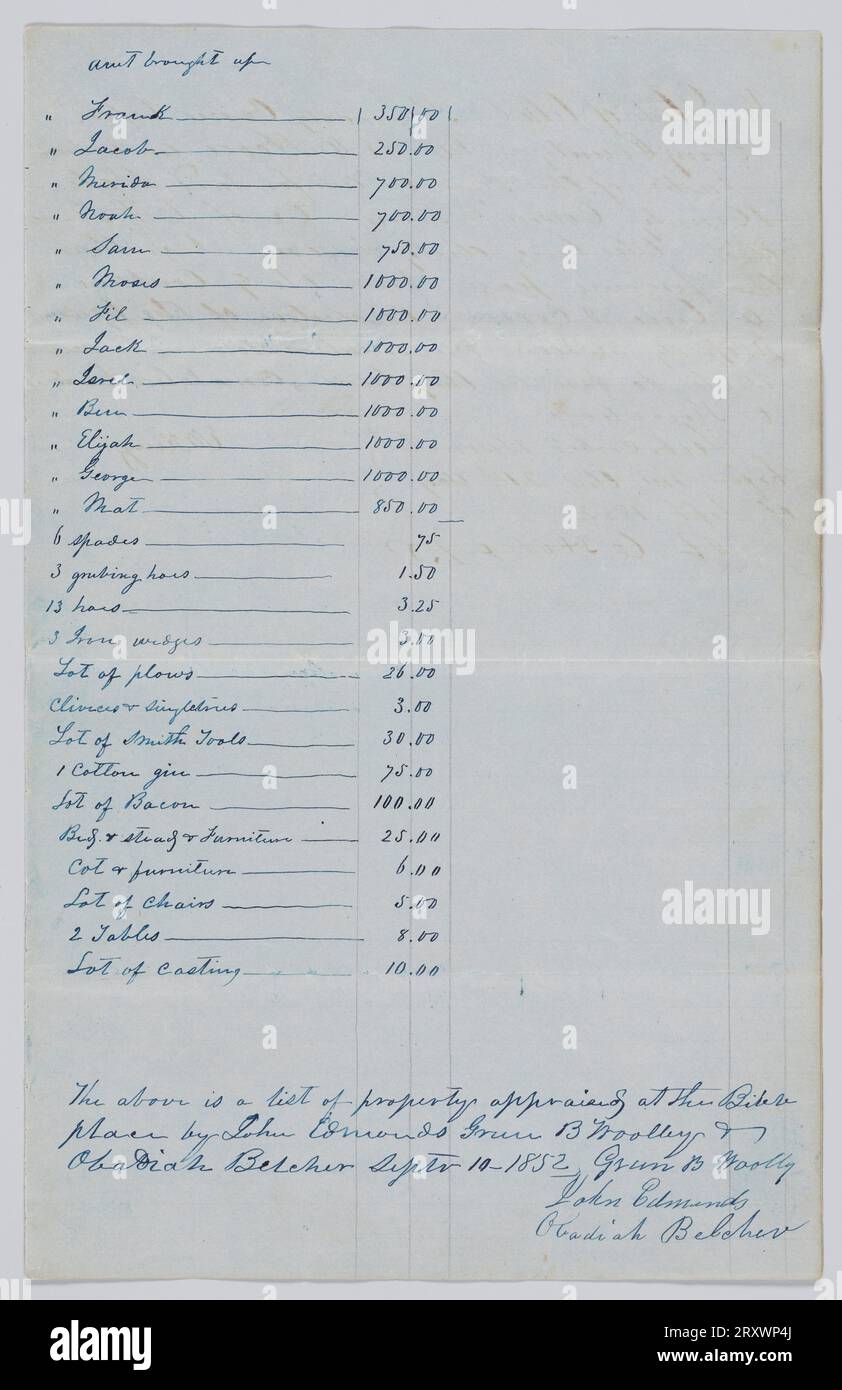 Appraisal of a plantation owned by Elisha King listing 43 enslaved persons 1852 Stock Photo