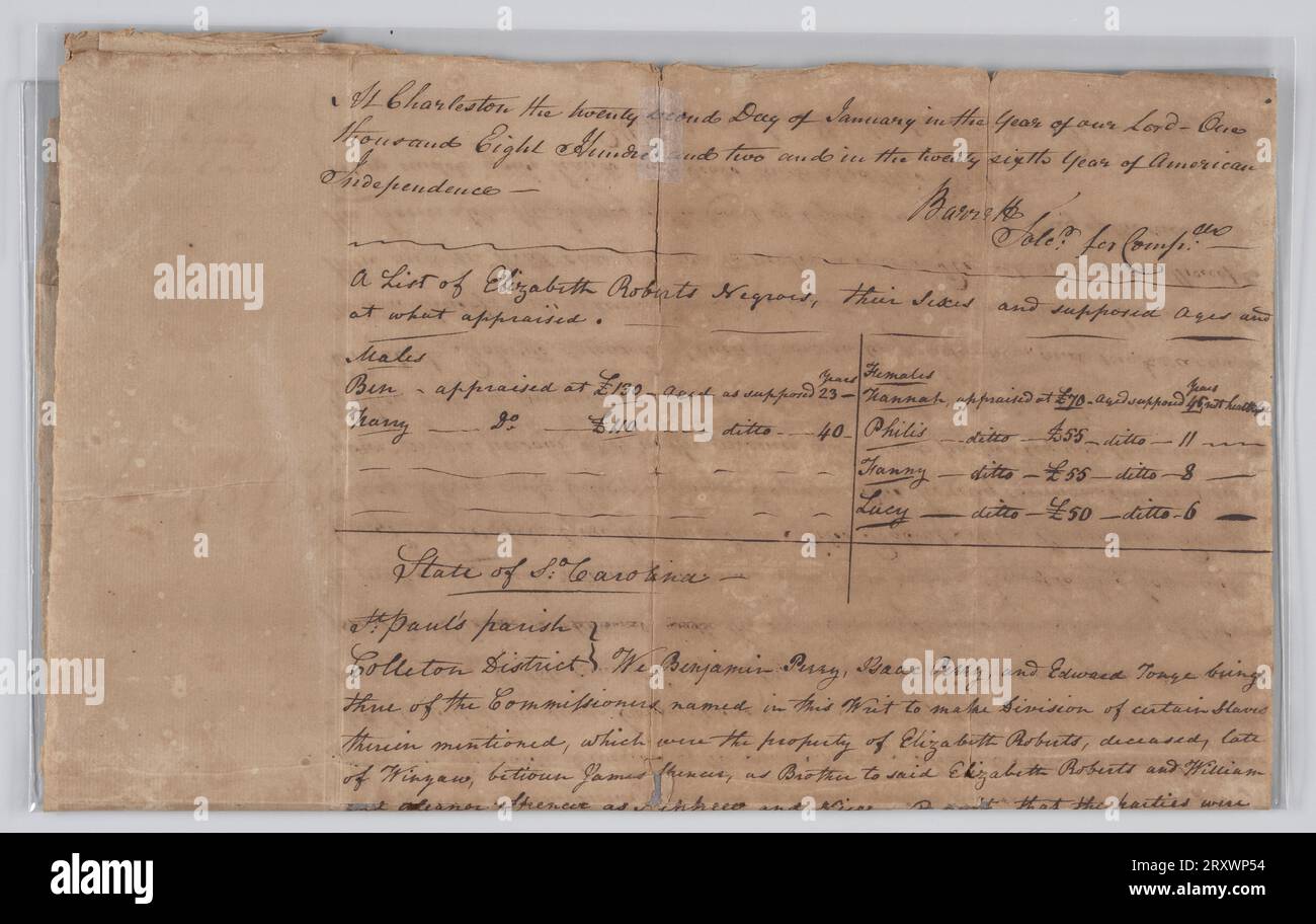 Document on distribution of six enslaved persons owned by Elizabeth Roberts 1802 Stock Photo