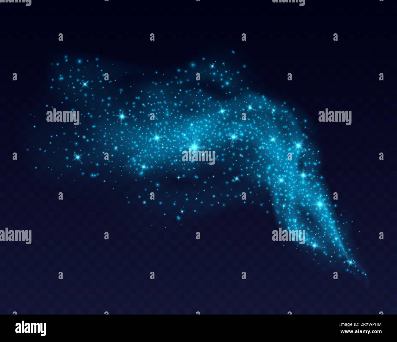 Blue dust cloud with sparkles isolated on dark background. Stock Vector