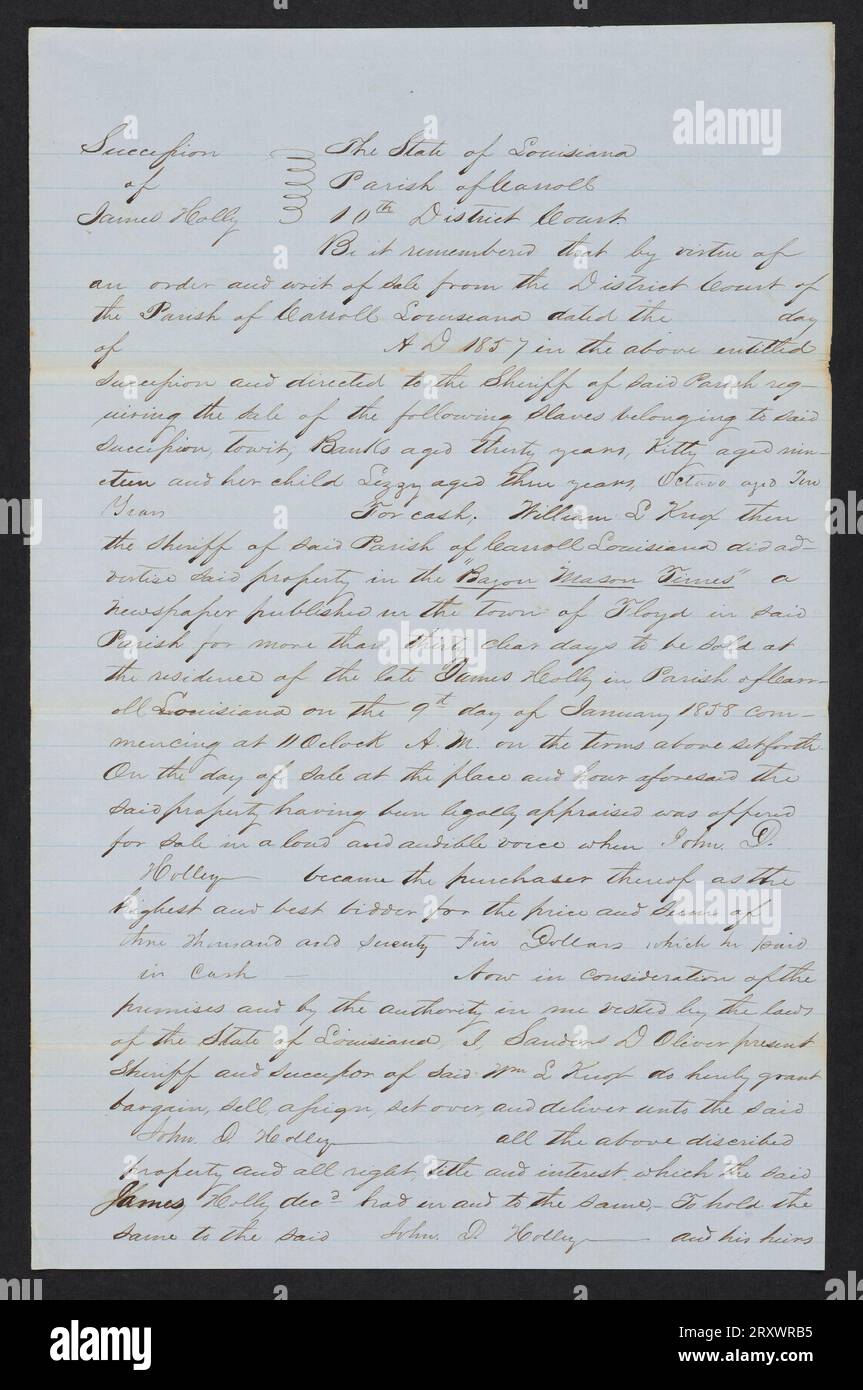 Summary of sheriff's auction of enslaved persons Banks, Kitty, Lizzy, and Octavo 1858 Stock Photo