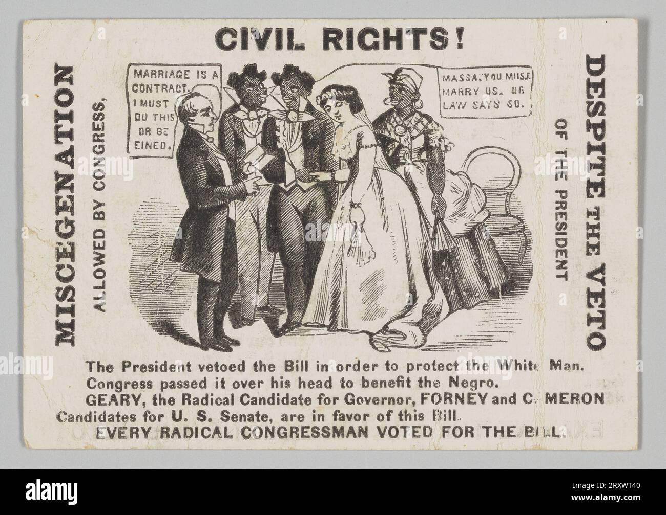 Civil Rights! Miscegenation Allowed by Congress, Despite the Veto of the President 1866 Stock Photo