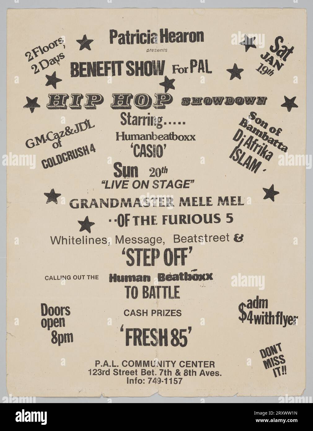 Flier for “Benefit Show for Police Athletic League Hip Hop Showdown” by Van Silk January 19, 1985 Stock Photo