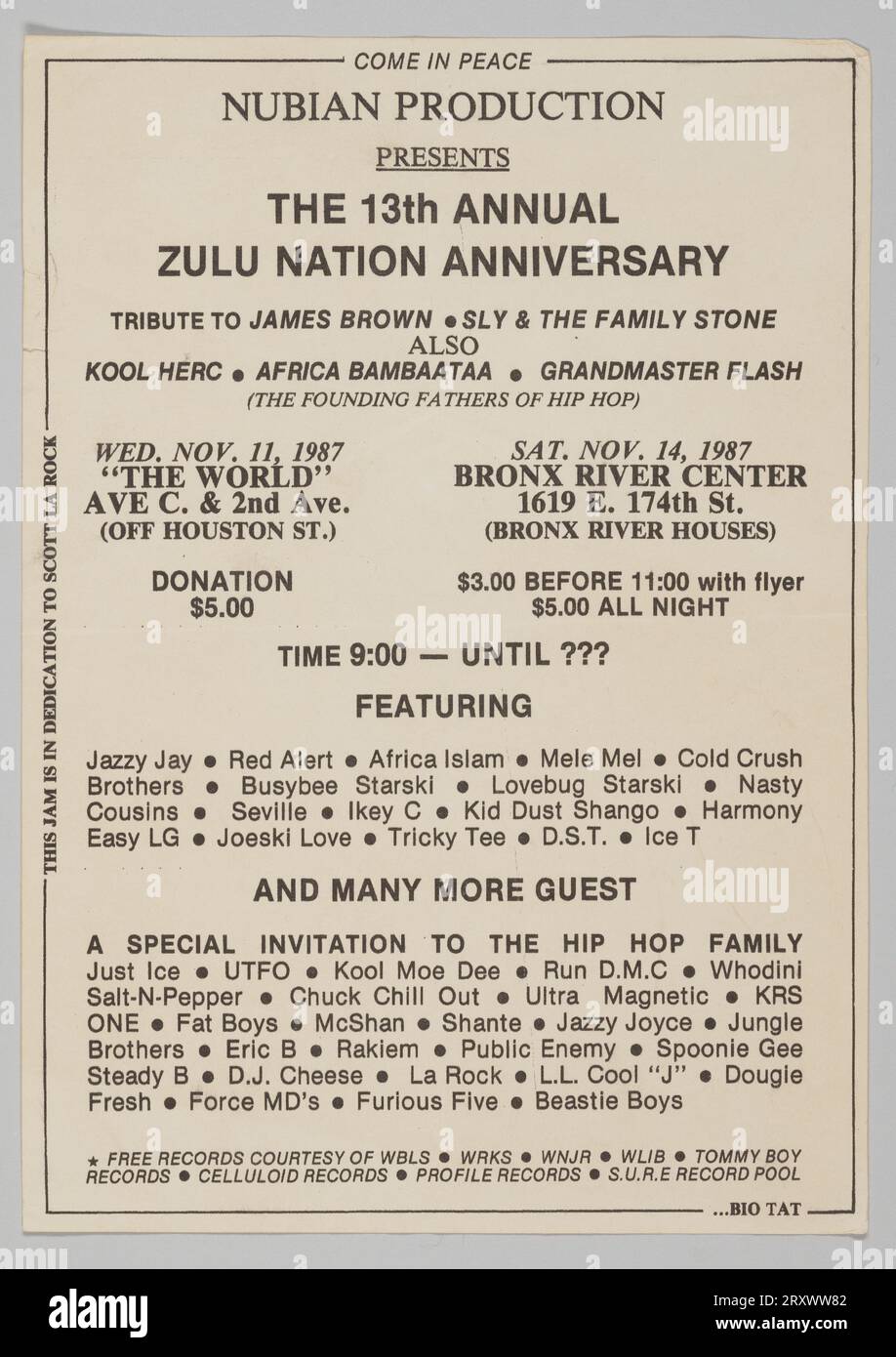 Flier for 'The 13th Annual Zulu Nation Anniversary' 1987 Stock Photo