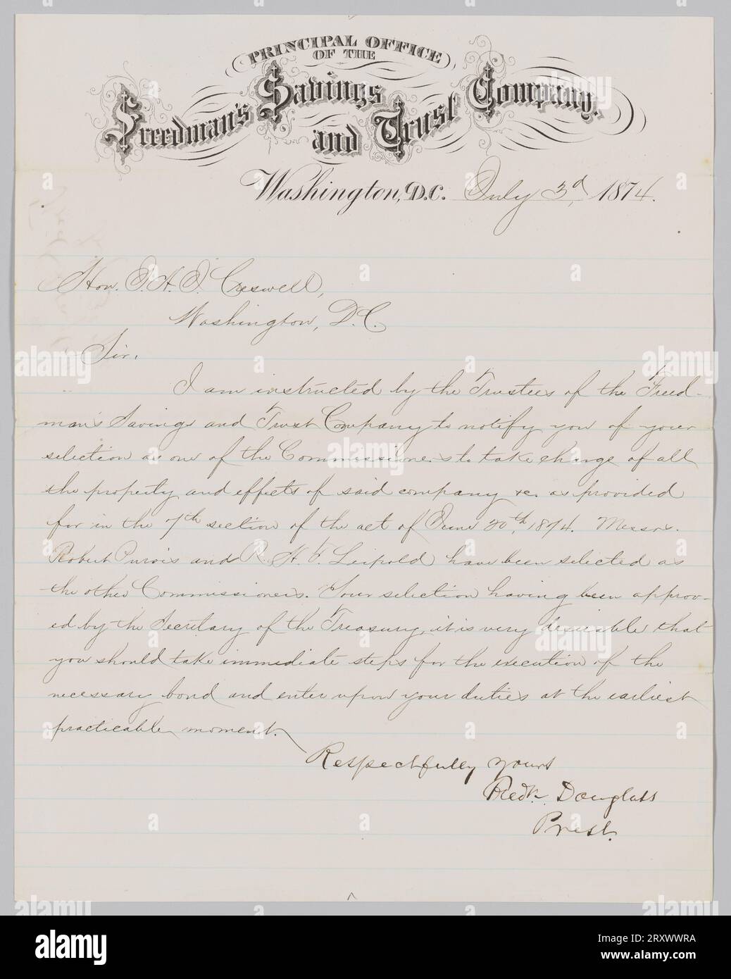 Letter Signed by Frederick Douglass on Freedmen's Savings Bank letterhead 1874 Stock Photo