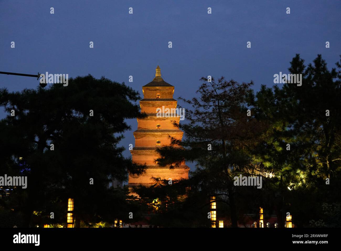 The decorative lights of the Giant Wild Goose Pagoda are turned on in the evening Stock Photo