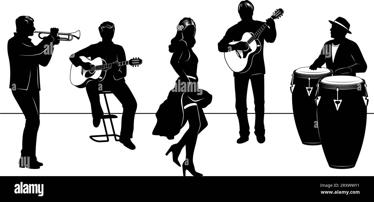 Silhouette Set of Latin Band with Dancer Girl. Four Latin musicians playing acoustic guitars, trumpet, percussion, woman dancing. All figures are sepa Stock Vector